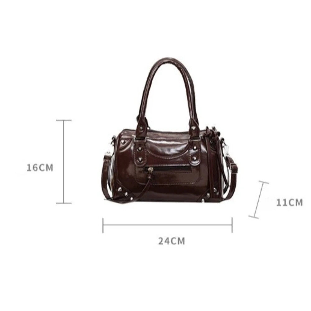 Vintage Rivets Pillow Bag Large Capacity Zipper Single Shoulder Bag Top Handle Patent Leather Crossbody Women's Bag Women