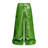 Olive Green PU Leather Wide Leg Pants — Men's Y2K Streetwear Trousers