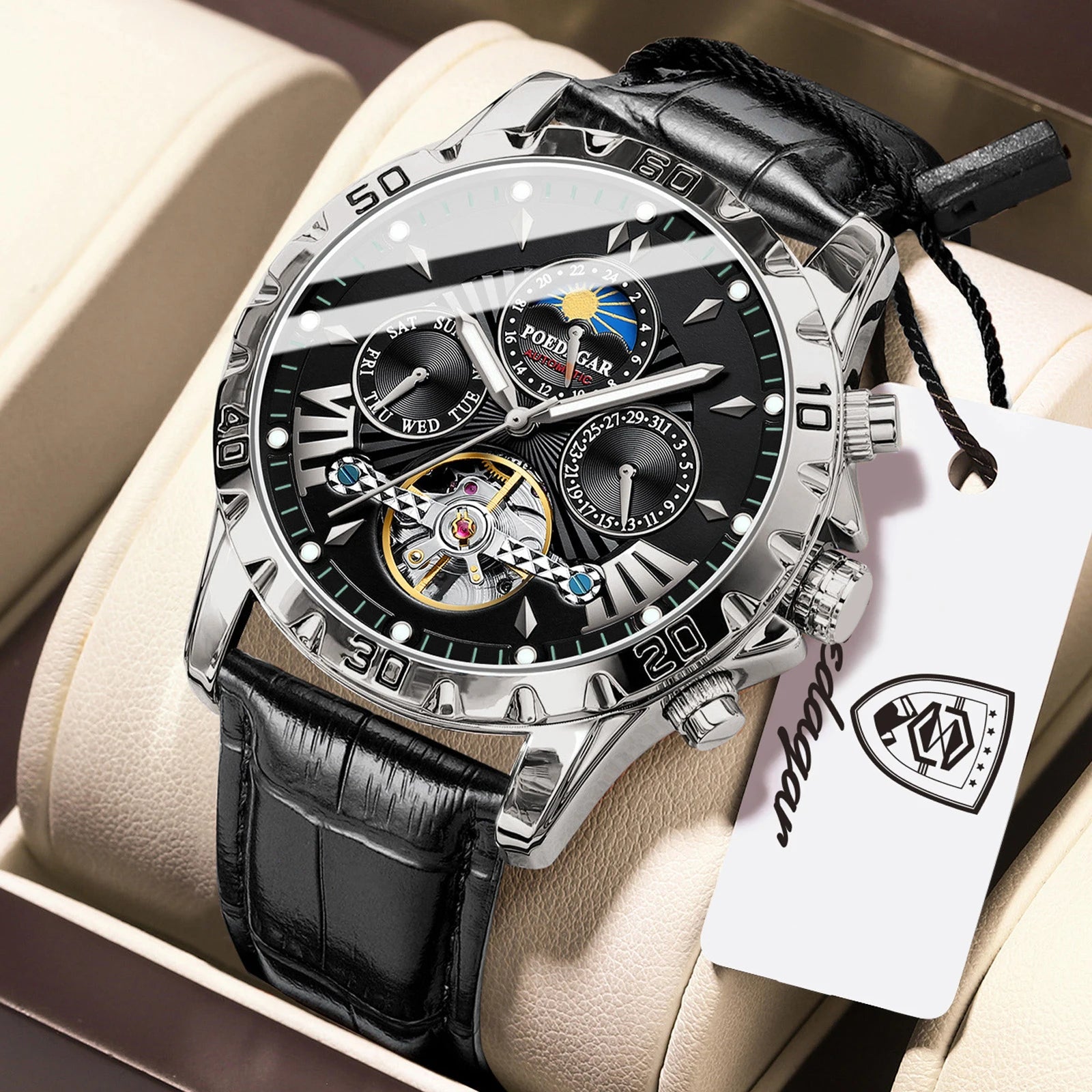 POEDAGAR Luxury Automatic Male Watch Date Week Luminous Waterproof Tourbillon Men Watch Leather Fashion Mechanical Men's Watches