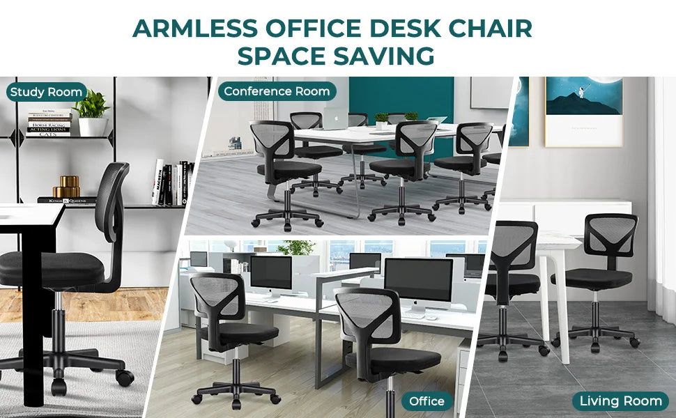 JHK Armless Mesh Office Chair | Lumbar Support & 360° Swivel