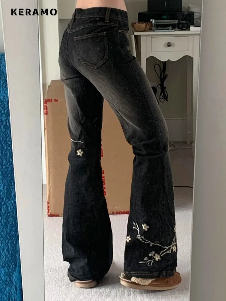 Weekeep Floral Embroidery Low Rise Flared Jeans Women