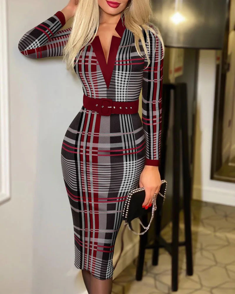 Elegant Geometric V-Neck Belted Midi Dress
