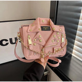 Jacket Collar Shaped Crossbody Shoulder Bag,Women Metal Flower Studded Handbag ,Niche Designer Streetwear Fashion Rivet Tote Bag