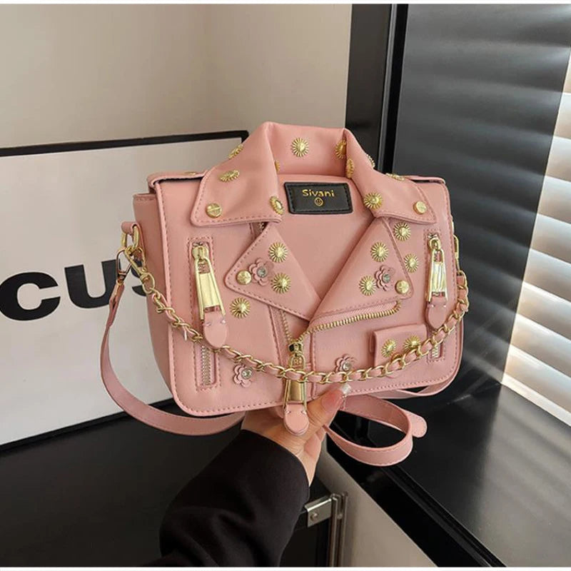 Jacket Collar Shaped Crossbody Shoulder Bag,Women Metal Flower Studded Handbag ,Niche Designer Streetwear Fashion Rivet Tote Bag