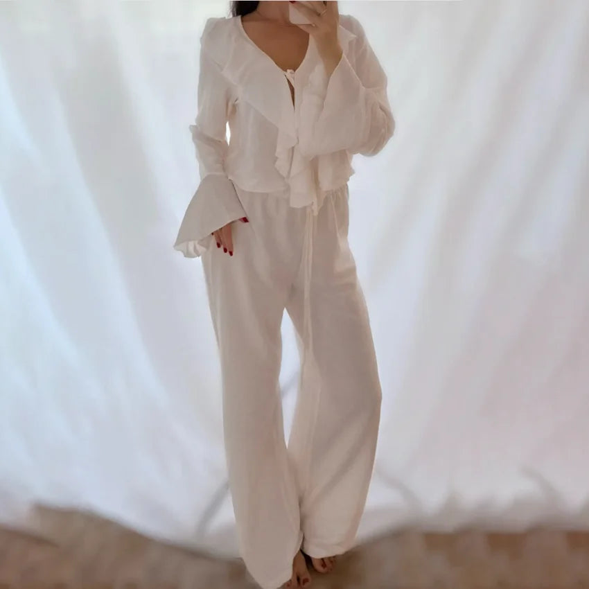 Linad Casual Loose Apricot Outfits Fashion Ruffles Flare Sleeve Blouse With High Waist Pant 2 Piece Sets Summer Long Pants Suits