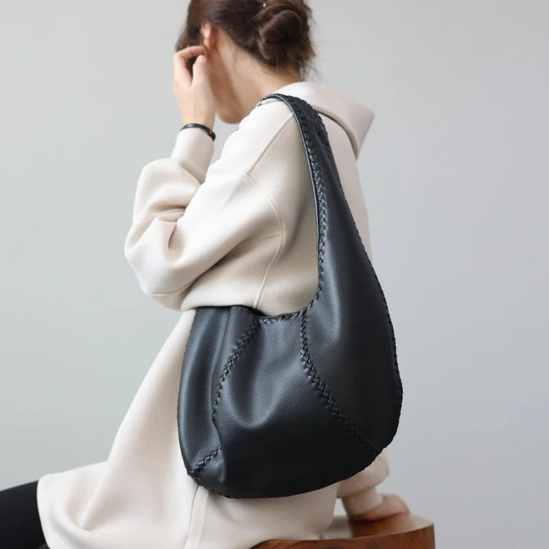 JAZZQ Soft Cowhide Leather Hobo Tote | Hand-Woven Detail