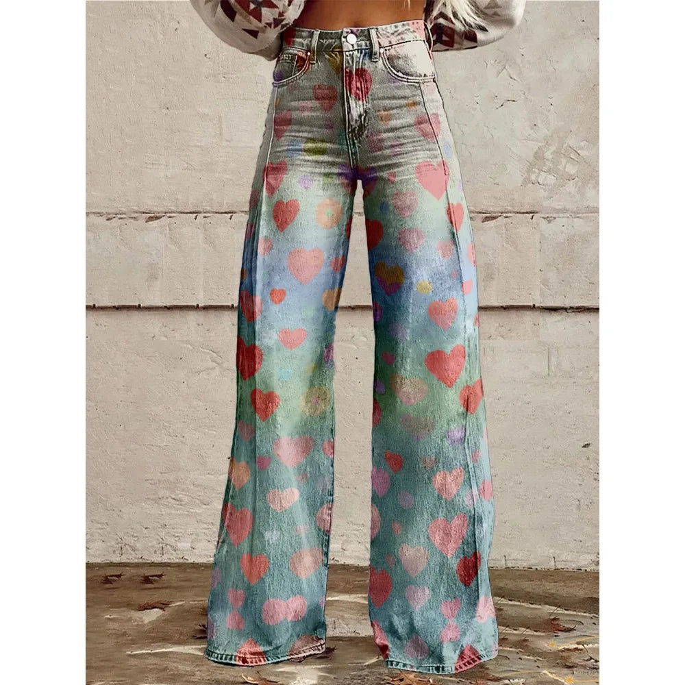 Pop Art Heart Wide-Leg Flare Pants