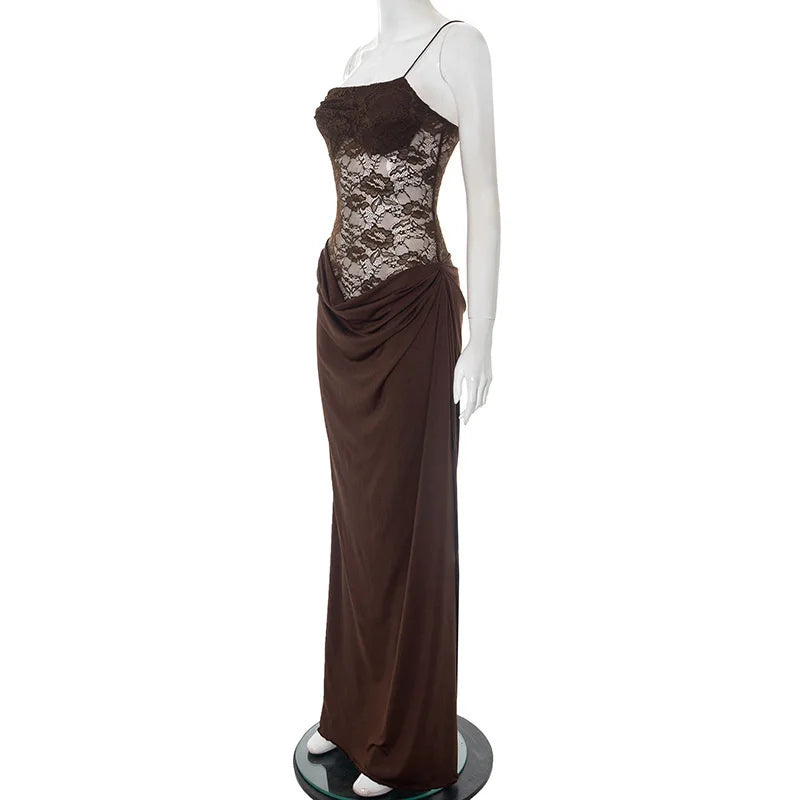 One-Shoulder Lace Gown – Sleeveless Backless Maxi Club Dress