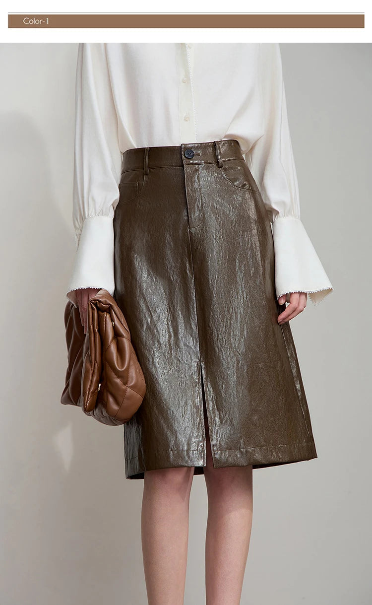 AMII Minimalist PU Leather Skirt for Women