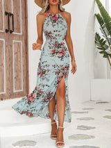 Elegant Floral Print High Slit Halter Dress