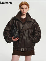 Lautaro Spring Autumn Cool Brown Oversized Pu Leather Jacket Women Long Sleeve Zip Up Luxury Designer American Retro Clothing