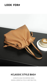 Autumn Winter High-End Leather Bucket Bag Drawstring Pleated Soft Cowhide Single Shoulder Tote Lucky Bag for Women