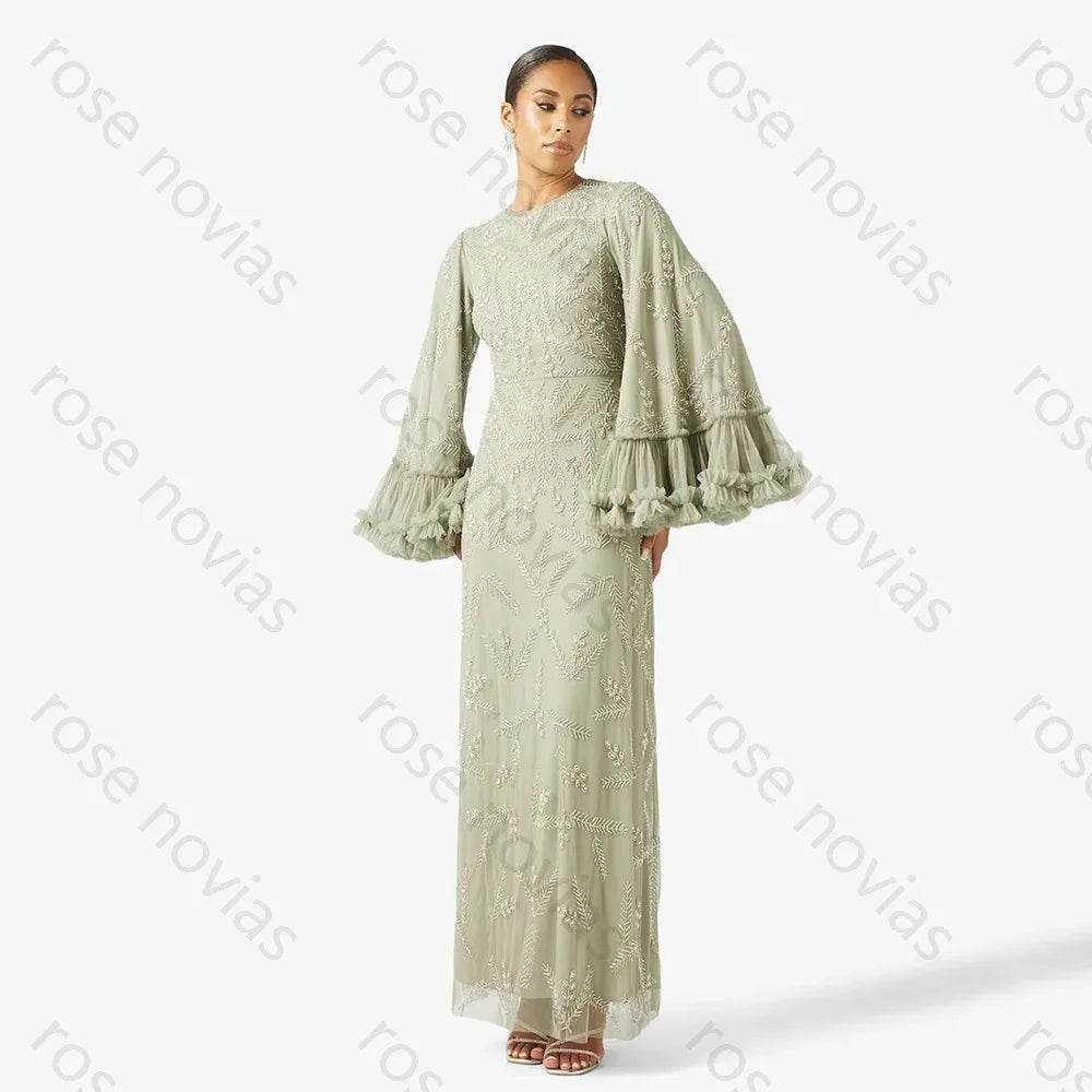 Customized Green Evening Dresses O-Neck Tulle for Floor-Length with Appliques High Quality for Formal Evening Vestidos De Fiesta