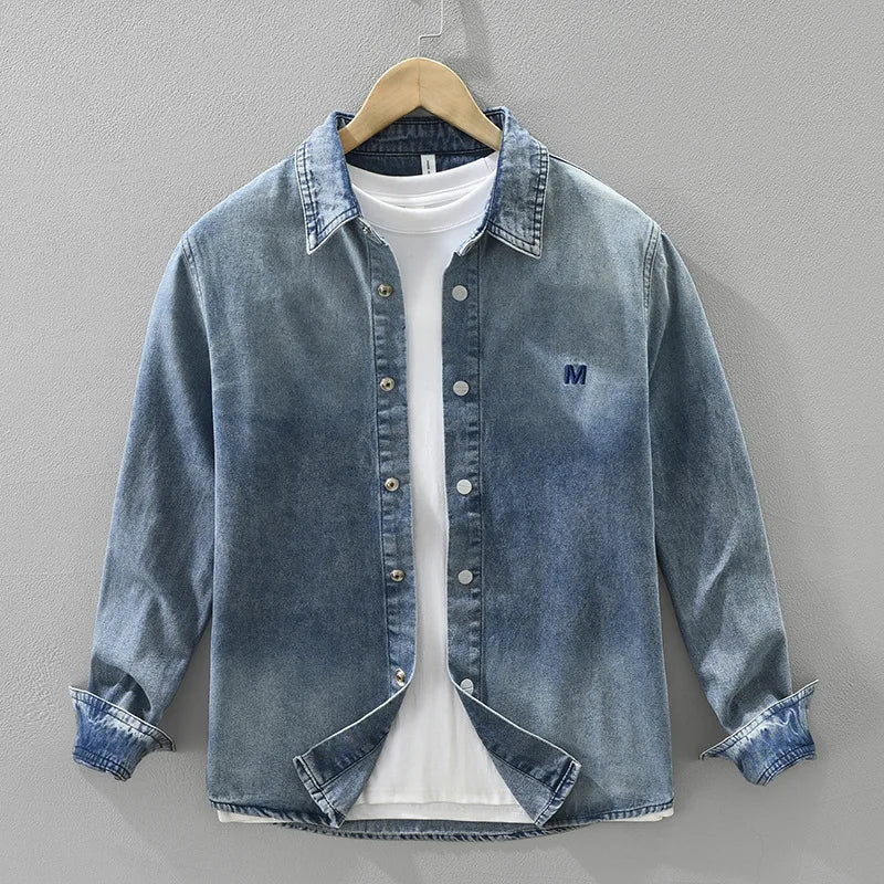 2025 Autumn New Letter-embroidered Vintage Washed Long Sleeve Denim Shirt for Men Clothing Cotton Versatile Streetwear CM7738
