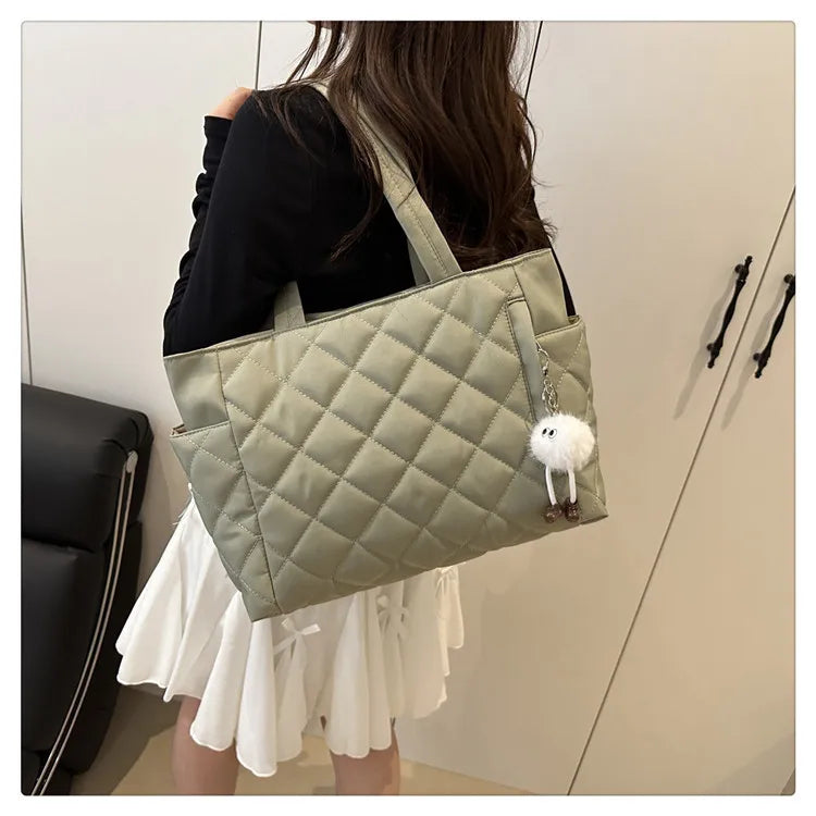 Multi Pocket Women Mailman Bag Diamond Patterned Cotton Clothing Shoulder Bag Large Capacity Tote Bag Casual Nylon Shoulder Bag