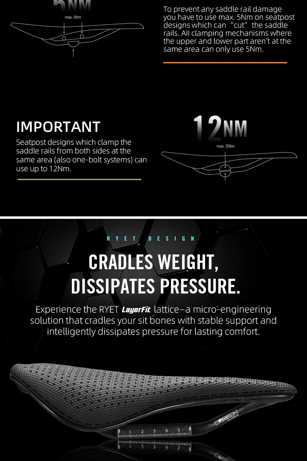 RYET Carbon 3D Printed Bike Saddle 145/155mm