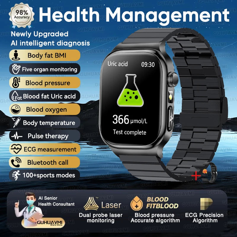 2026 New Accurate Measurement Health Smart Watch ECG+PPG Uric Acid Blood Pressure Blood Lipids BT Call Smartwatchs For Men Women