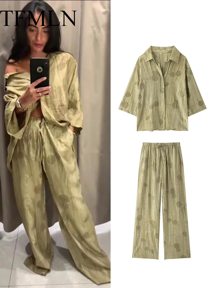 TFMLN Women's Fashion Two Piece Set Loose Jacquard Shirt 2024 High Waist Trousers Set Lapel Half Sleeve Shirt Wide Leg Pants