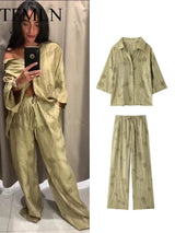 TFMLN Women's Fashion Two Piece Set Loose Jacquard Shirt 2024 High Waist Trousers Set Lapel Half Sleeve Shirt Wide Leg Pants