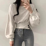 Autumn Women Solid O-Neck Slim Crop Top Lantern Sleeve With Button  Sweat Casual Hip-Hop Sporty Pullover Sweet Chic Street Wear