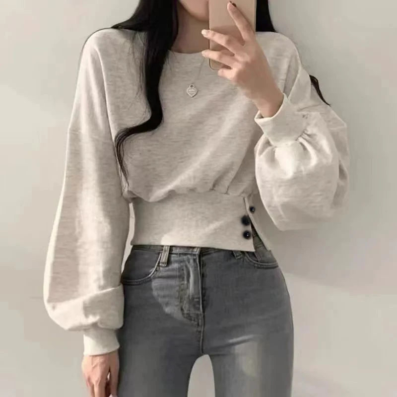 Autumn Women Solid O-Neck Slim Crop Top Lantern Sleeve With Button  Sweat Casual Hip-Hop Sporty Pullover Sweet Chic Street Wear