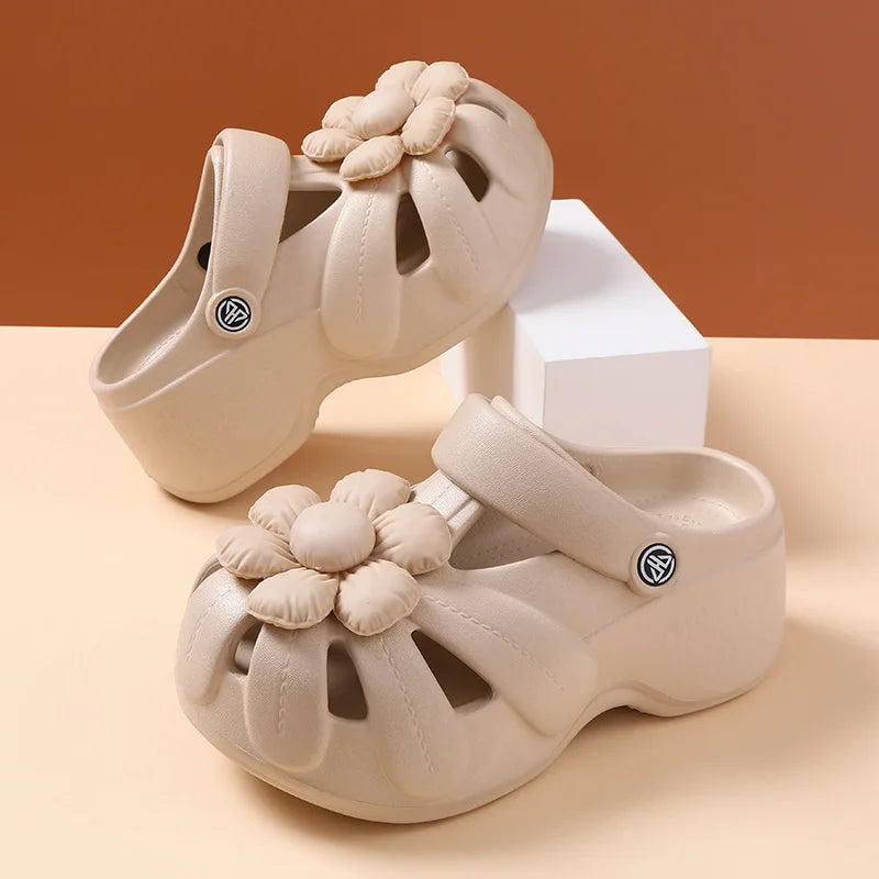 Women's Platform Clog Sandals with Flower Decor — EVA Wedge Beach Shoes