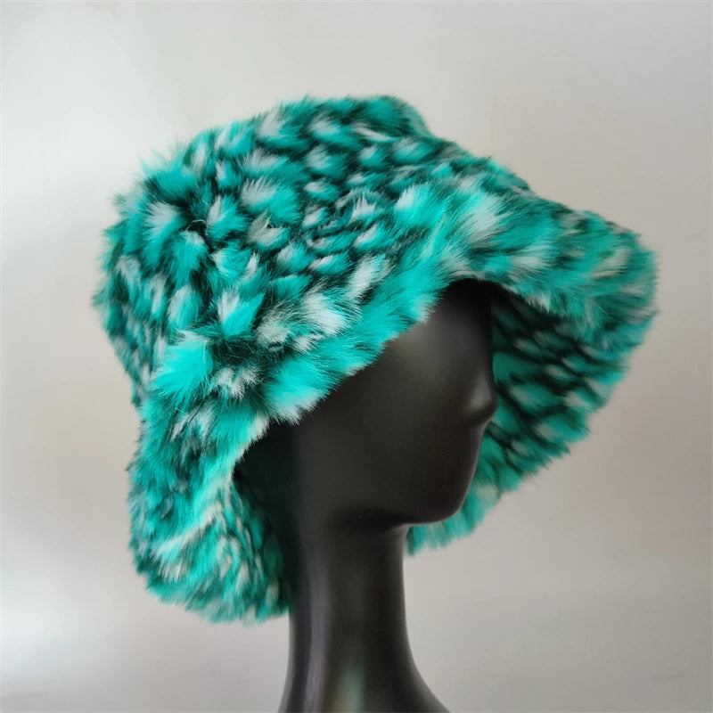 1pcs Winter Faux Fur Bucket Hat Warm Fluffy Plush colorful soft Winter hat Personality fur Fisherman Hats for women Plush hat겨
