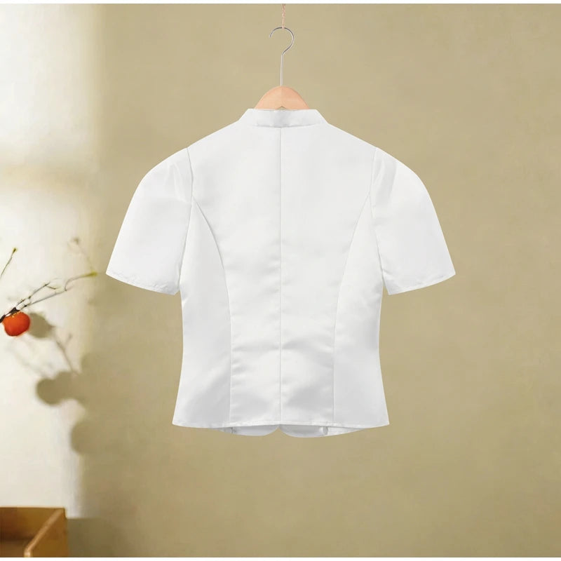 2026 Spring Summer Short Puff Sleeve Frog Button Shirt For Women Stand Collar  Single Breasted Blouse Lady Chic Street Party Top