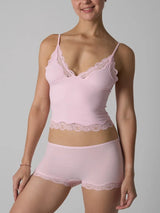 Europe American Simple Pink Light Thin Lace Strap Tank Top Flat Corner Lace Underwear for Women Comfortable Stretchy Short Sets