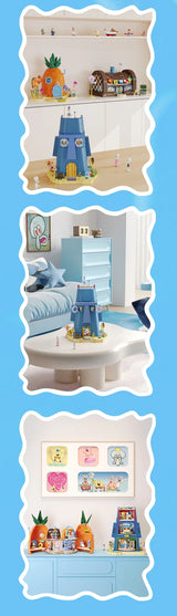 1655PCS SpongeBob SquarePants Squidward Stone Statue House Building Blocks Cartoon Model Bricks Set With Light DIY Toy Fans Gift