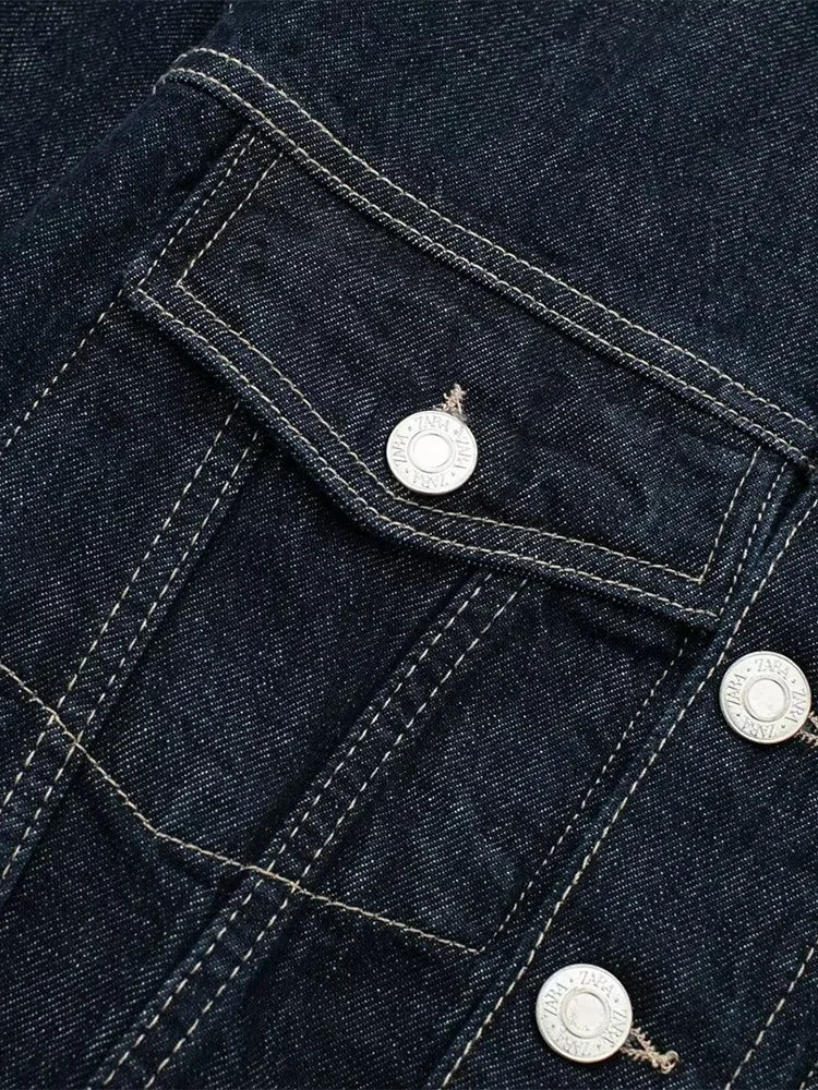 Vintage Denim Blue Jacket – Chic Single-Breasted Outfits with Pockets
