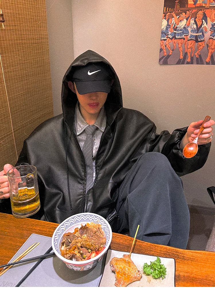 Men’s Oversized Hooded Faux Leather Jacket