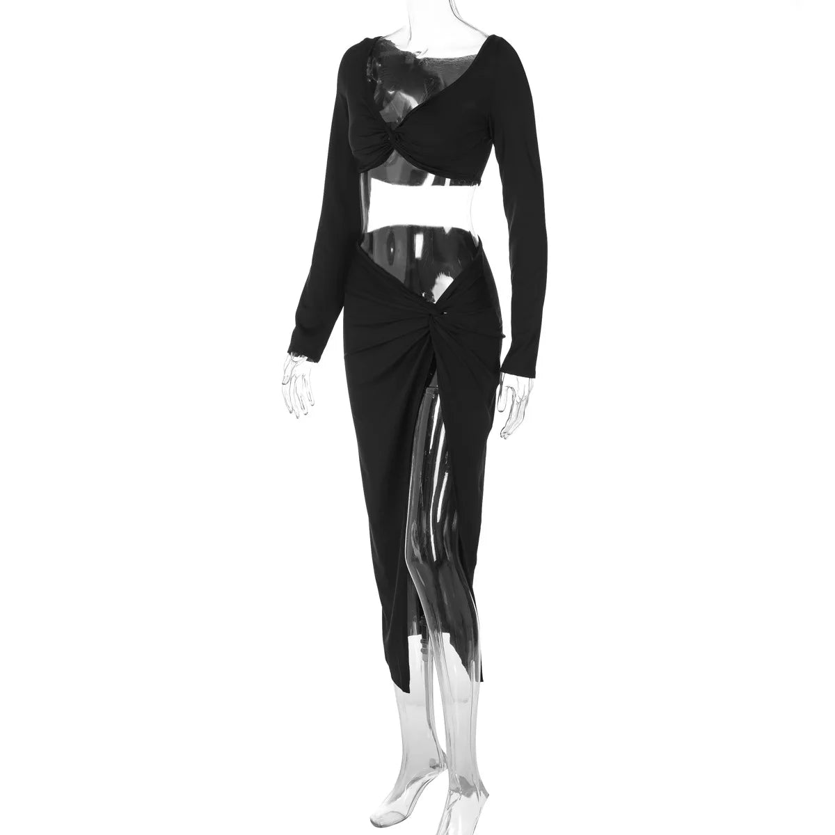 Cryptographic Ruched Long Sleeve Cropped Top and Skirt Co-ords Set Elegant Fashion Club Outfits Asymmetric Split Matching Sets