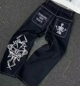 Retro Cherry Blossom Embroidered Wide Leg Y2K Jeans