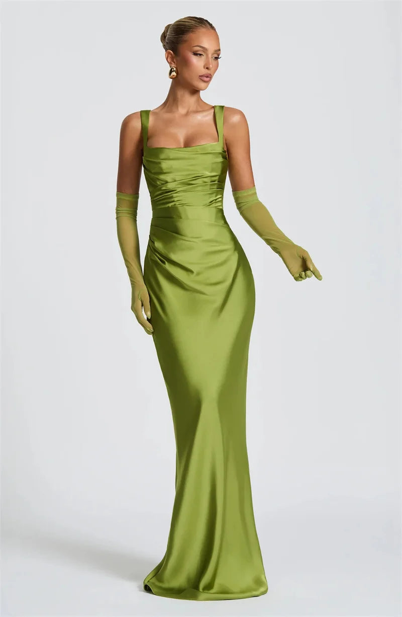 Elegant Backless Satin Maxi Dress – Sleeveless Halter Bodycon Party Gown