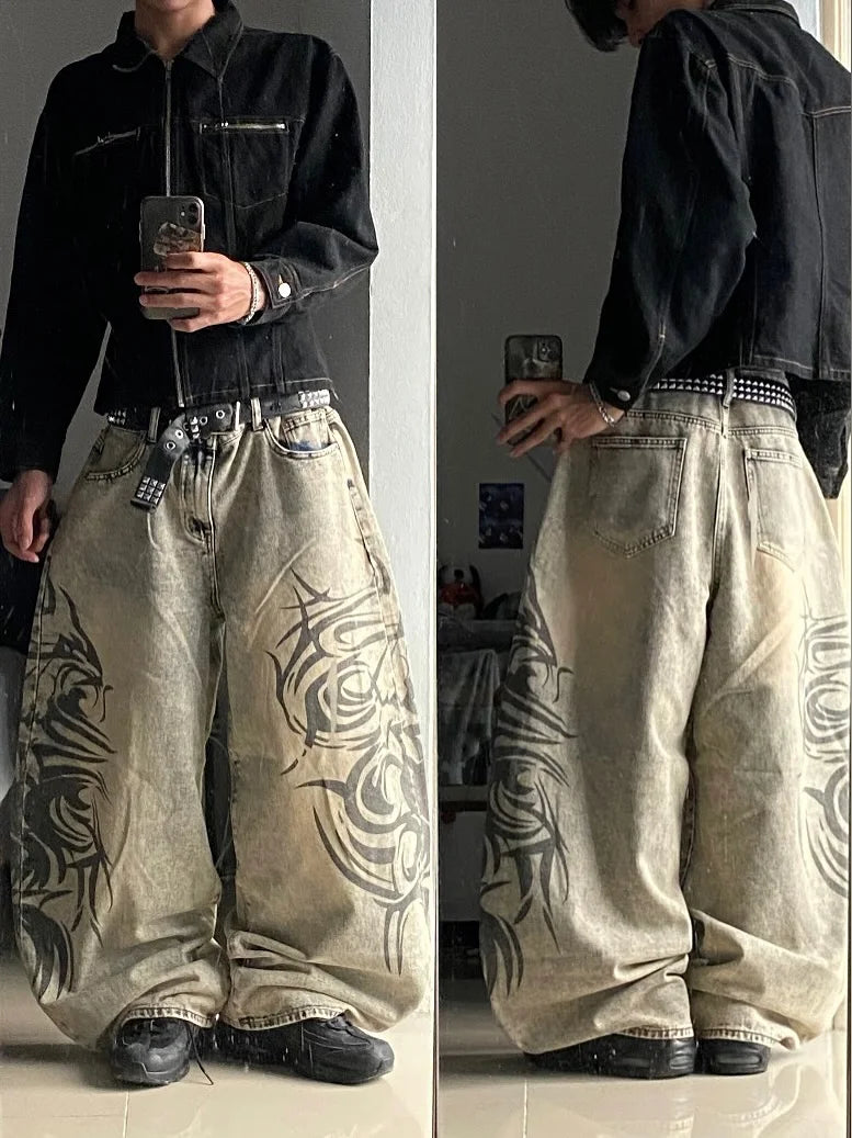 Men’s Y2K Gray Printed Loose-Fit Jeans