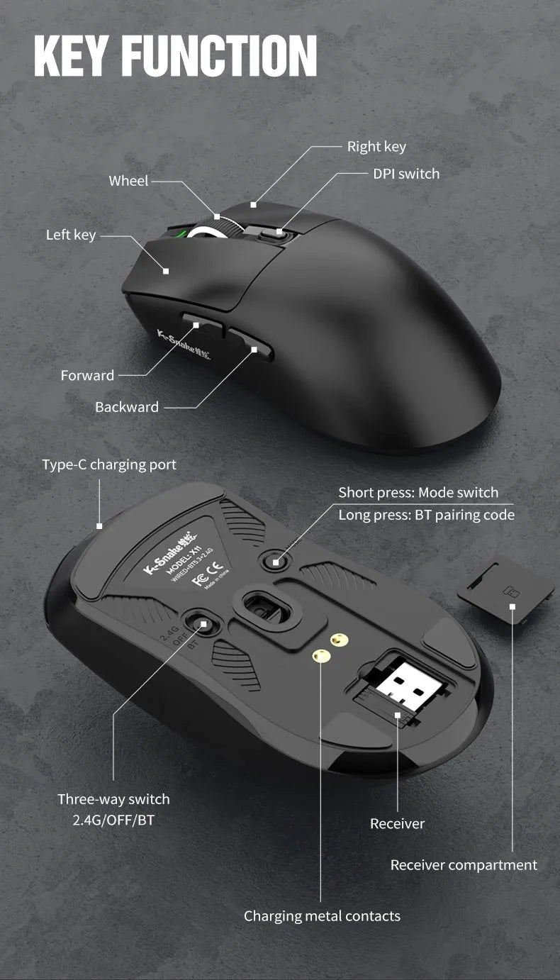 X11 Tri-Mode Wireless Gaming Mouse, 63g Lightweight, PAW3311 Sensor, 12000 DPI, Magnetic RGB Charging Dock