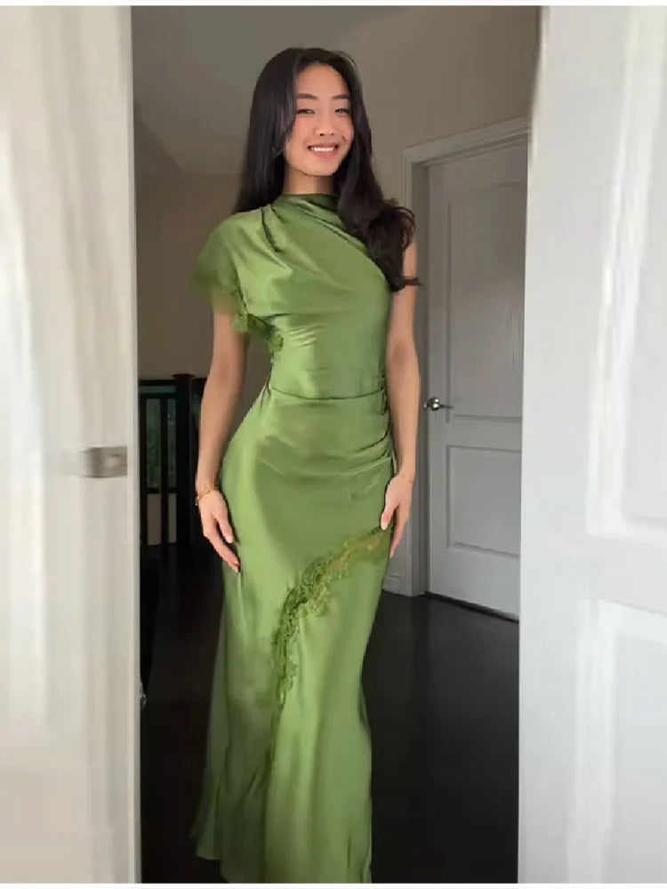 Women Elegant Green Satin Maxi Dress Lace Slit Asymmetric High Neck Draped One-sleeve Slim Fit Lgown Formal Evening Party Outfit