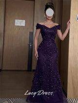 Lucy Sequin Off The Shoulder Purple Mermaid Evening Dress 2026 Prom Dress Formal Evening Customized Elegant Ladies Gowns