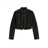 Y2K Retro Hussars Jacket Stand Collar Double Breasted Button Cropped Jacket Napoleon Old Money BLK Denim Jacket Women Boxy Coat