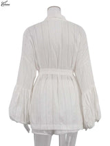 Oymimi Fashion White Cotton Women's Two Pieces Set Elegant Puff Sleeve Loose Lace-Up Shirts And High Waisted Shorts Female Sets