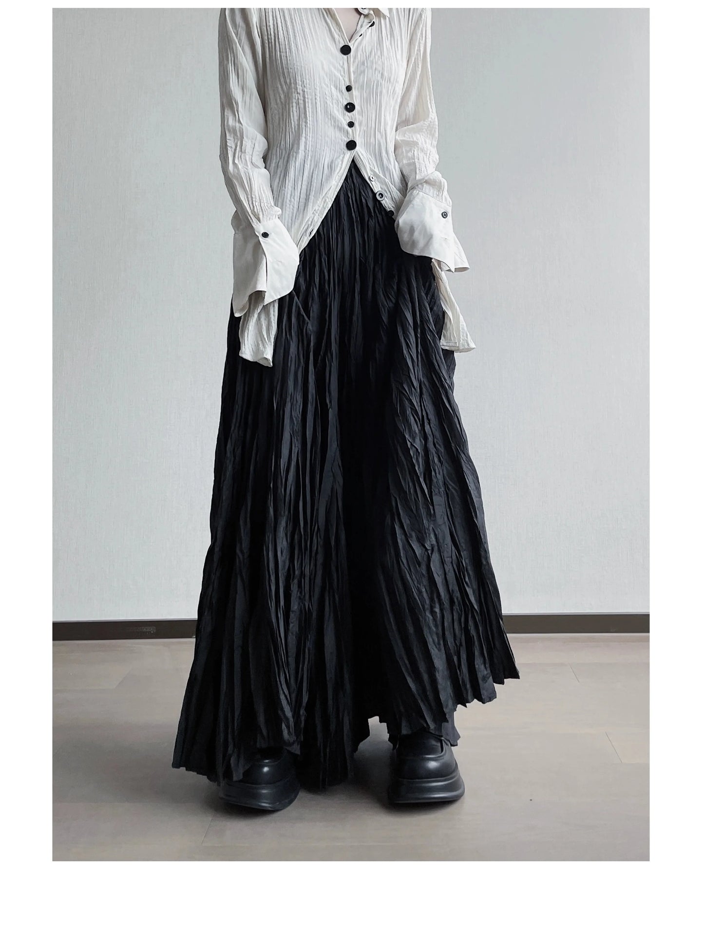 UMI MAO Irregular Fold Maxi Skirt – Elegant A-Line