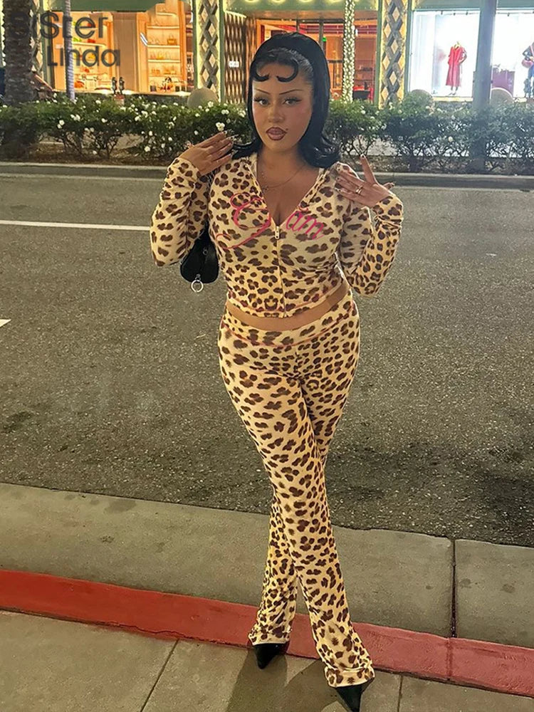 Sisterlinda Summer Release Junior Ankle-Length High Street Milk Fiber Pant Suit K24S50103 Girl Leopard Color Flare Pant Suit