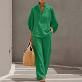 Fashion Cotton Linen  Pant Set  Women's Casual Stand Collar Button Top Wide Leg Trousers 2-piece Set Retro Female Office Suit