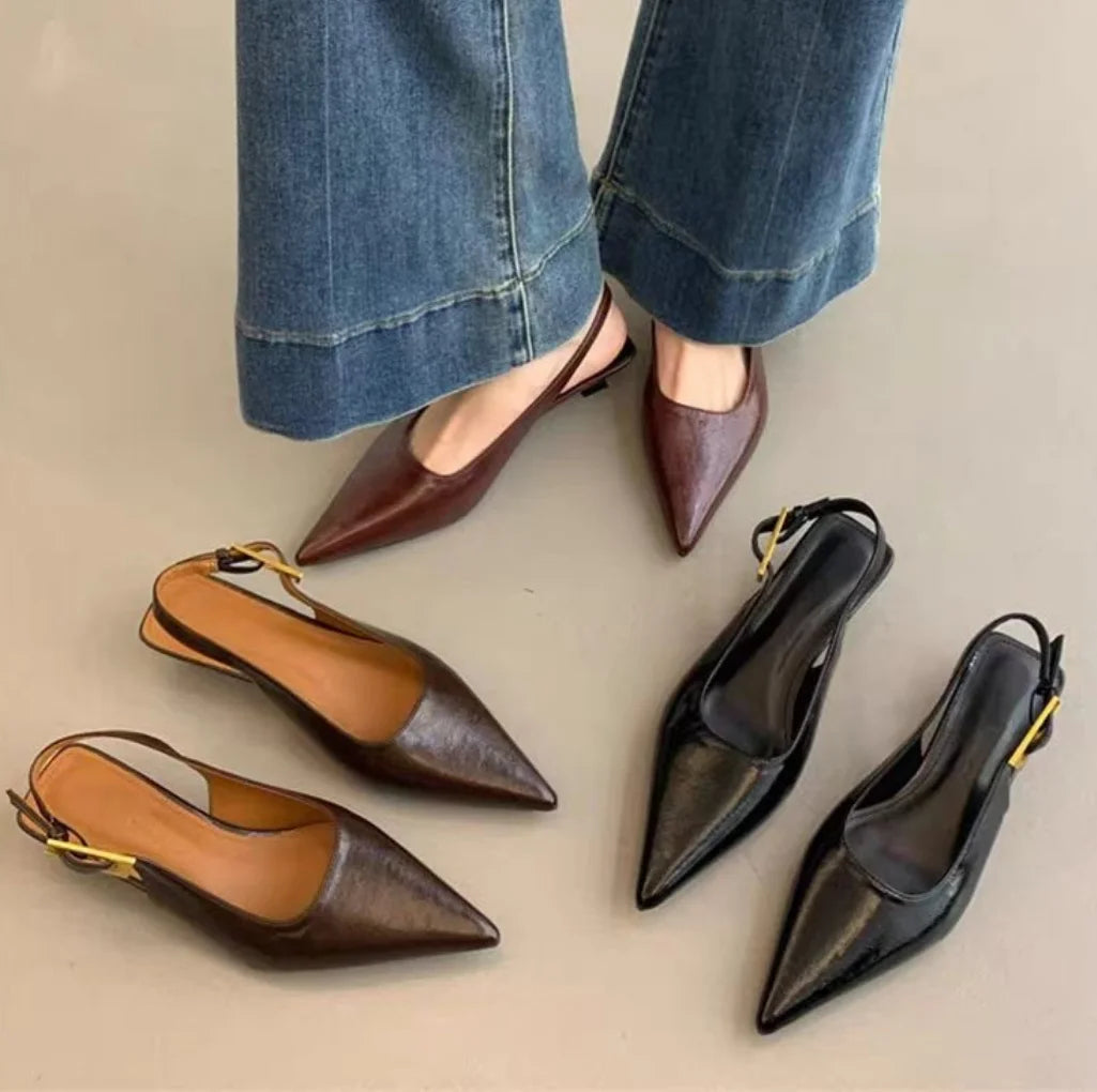 2026 Summer New Women Sandal Fashion Pointed Toe Shallow Slip on Ladies Elegant Slingback Shoes Thin Med Heel Dress Mules Pumps