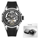 MEGIR Skeleton Dial Automatic Mechanical Watch Men Stainless Steel Case Waterproof Luminous Sport Wristwatch with Silicone Strap