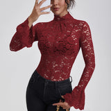 Elegant Floral Lace Turtleneck Blouse