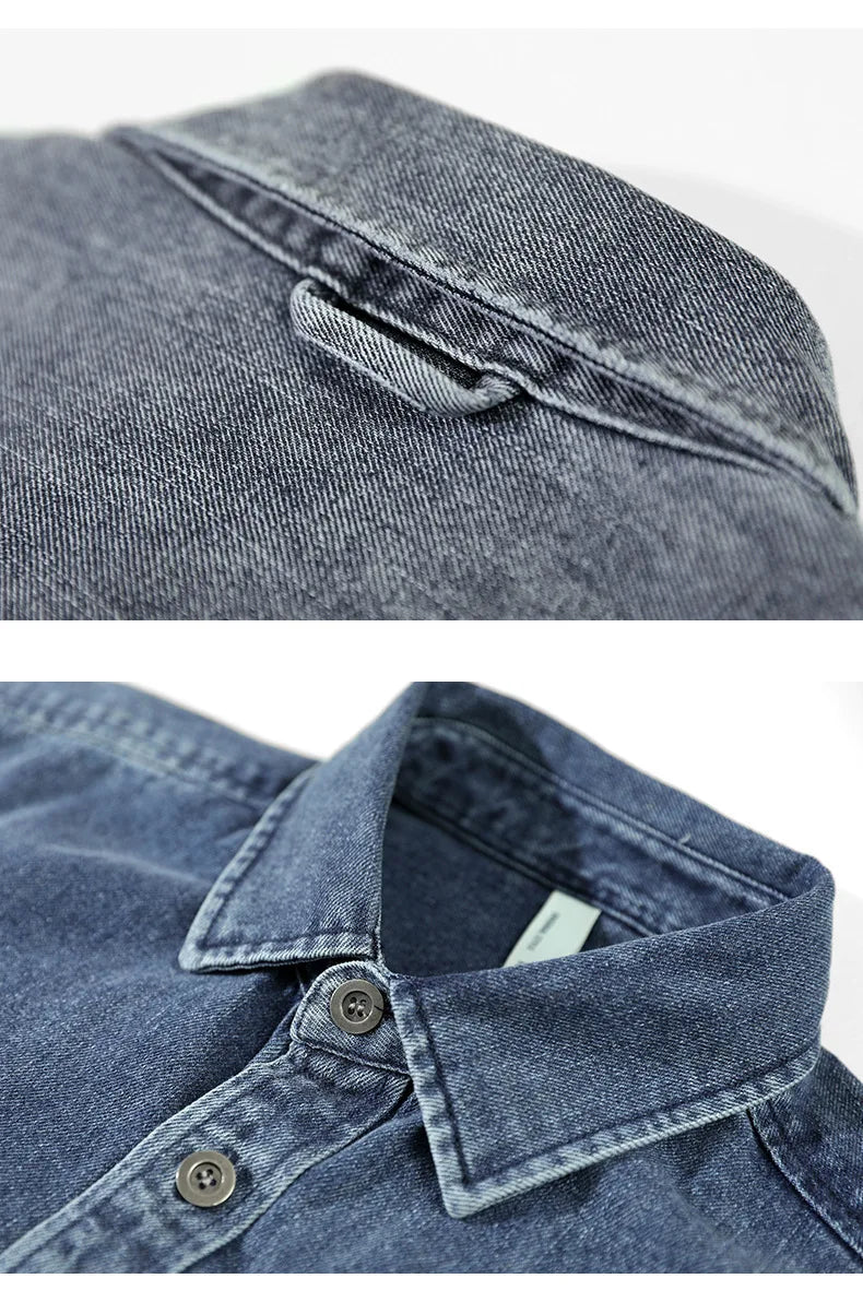 Retro American Washed Denim Jacket Loose Casual Long Sleeve Shirt for Men Autumn Fashion Urban Style Cotton Machine Washable
