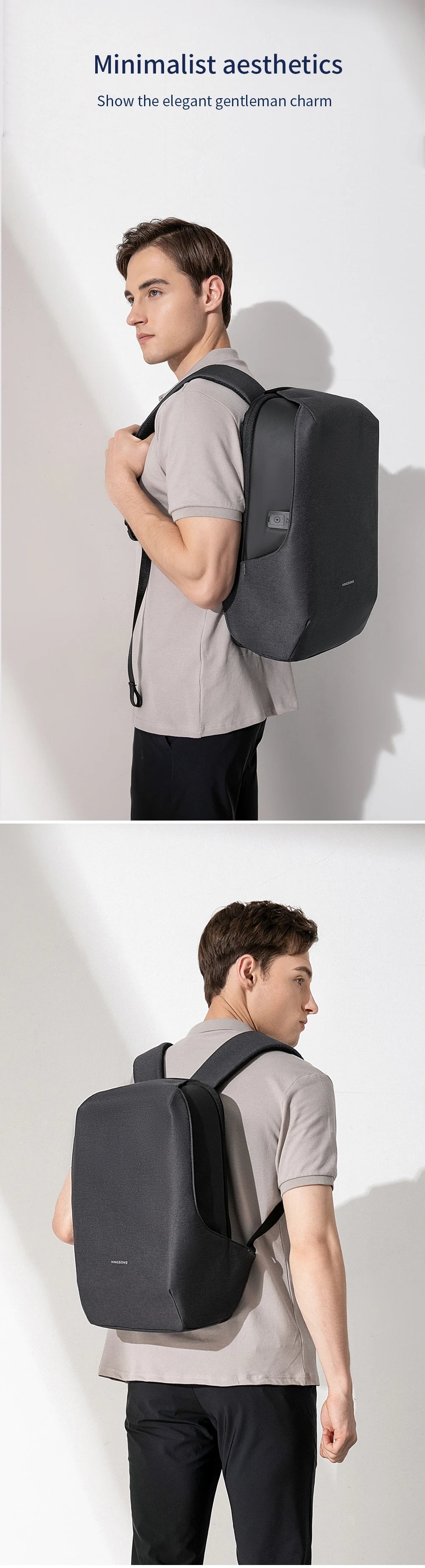 Kingsons  Anti-theft Men Backpack 180 Degree Open USB Charging Laptop Backpack 15.6 inch School Bags for Teenage Boys