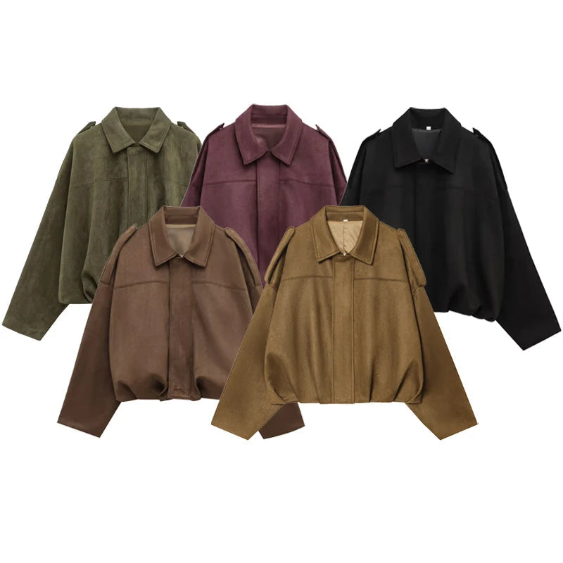 HXAO Suede Cropped Jacket Women's Bomber Jacket Oversized Batwing Sleeves Outerwears Lady Casual Loose Coat Street Style Jackets